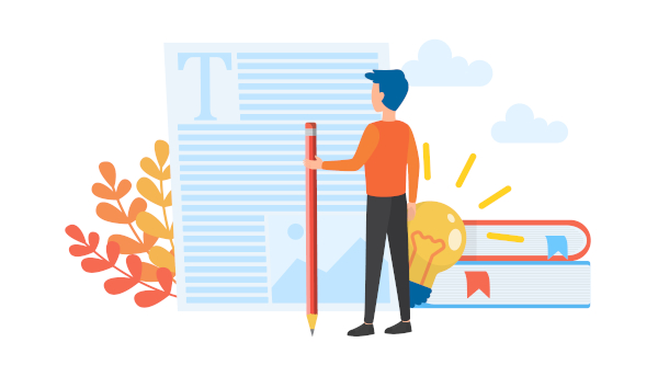 Ilustração de uma pessoa segurando um lápis à frente de um papel representando a coerência textual. Ilustração de uma pessoa segurando um lápis à frente de um papel representando a coerência textual.