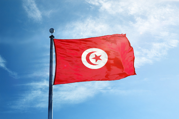 Bandeira da Tunísia Bandeira da Tunísia hasteada e céu azul ao fundo.