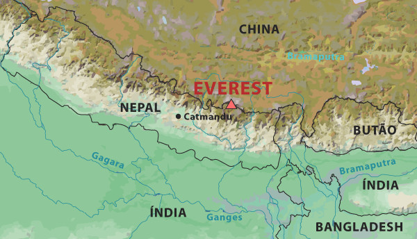 Mapa com a localização do Monte Everest, em vermelho.