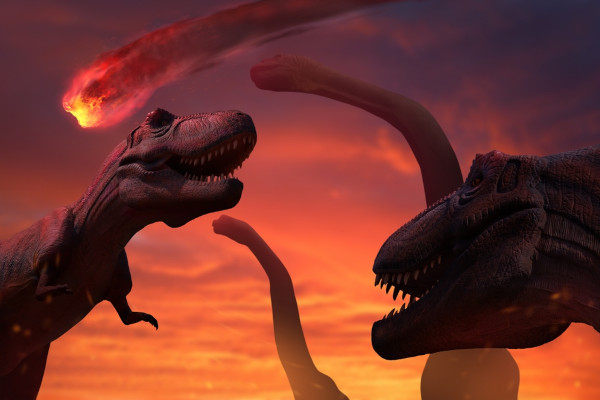 Representação gráfica da queda do asteroide que levou à extinção dos dinossauros e pôs fim ao Período Cretáceo.