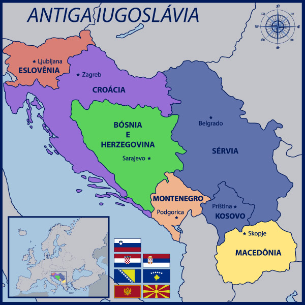 Mapa mostrando os territórios que faziam parte da Antiga Iugoslávia.