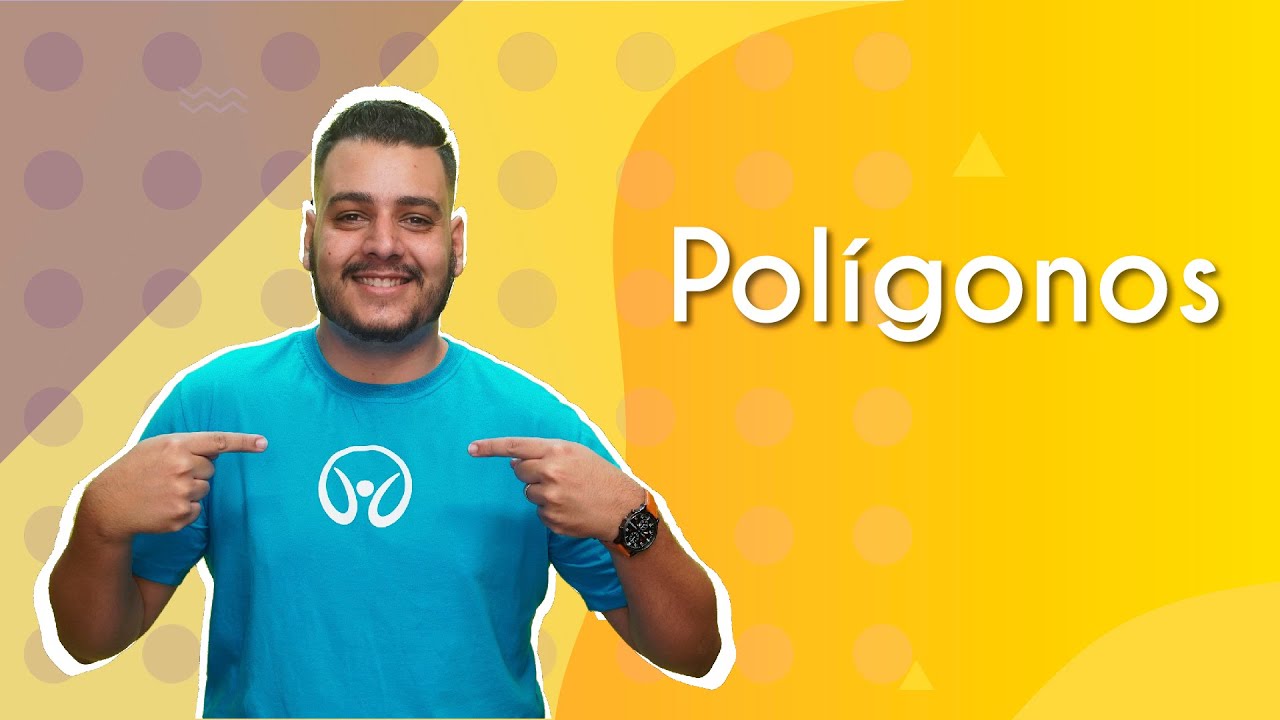 "Polígonos" escrito sobre fundo amarelo ao lado da imagem do professor